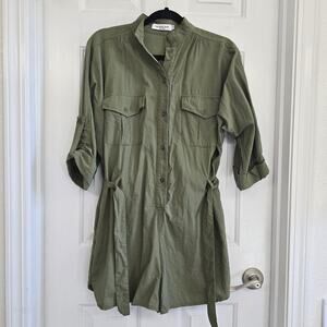Embroidered Floral Army Green Cargo Romper Short Roll Sleeves Tie Waist Button